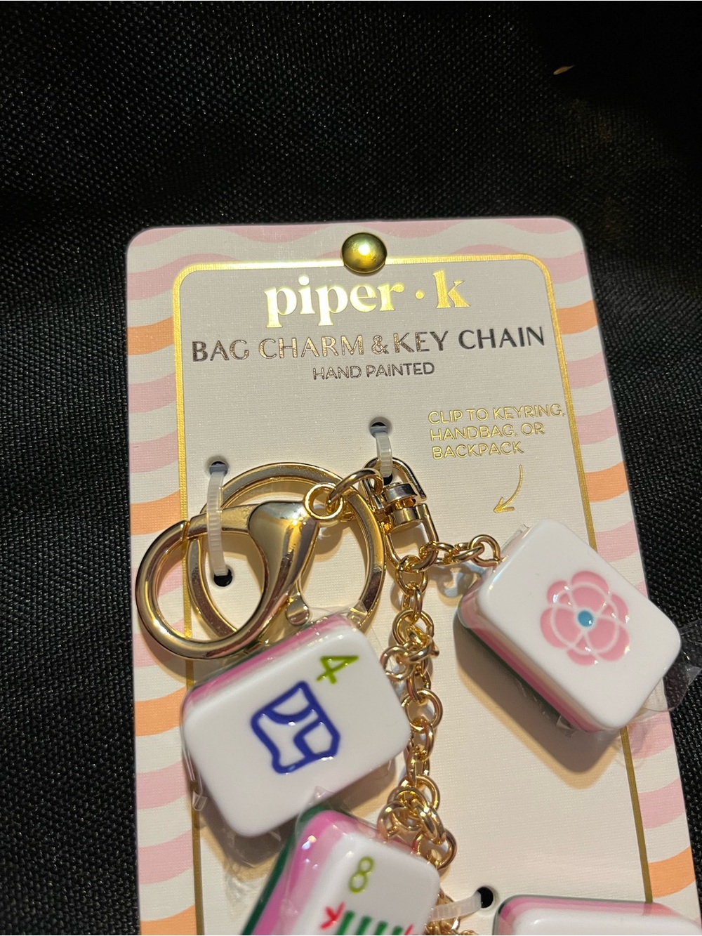 Piper Pink and White Mahjong Tile Bag Charm with Gold Hardware